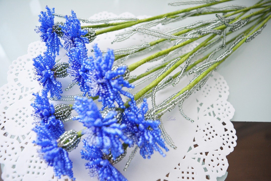 Beaded Flowers Cornflower Blue, Flower of Glass Beads, French Beaded