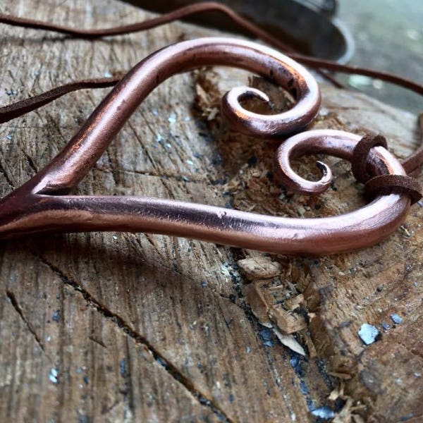 Hand forged chunky copper heart pendant