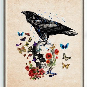 Human Scull and Raven Flower Anatomy Poster Butterfly Print Medical Clinical Biology Anatomical Office Printable Instant Digital Download