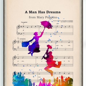 Op de afbeelding: Een aquarel-illustratie van een muziekpartituur met de titel "A Man Has Dreams from Mary Poppins". De partituur is geschilderd in tinten van blauw, paars, roze en oranje. Twee figuren zijn gesilhouetteerd in de aquarel, een vrouw met een paraplu en een man met een bezem.