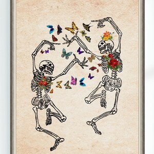 Dancing Skeletons Flowers Anatomy Poster Butterfly Print Medical Clinical Biology Anatomical Printable  Instant Digital Download