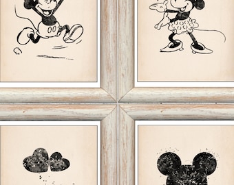 Juego de 4 impresiones de Mickey Mouse y Minnie Mouse con bocetos de acuarela para decoración de pared infantil, descarga digital instantánea