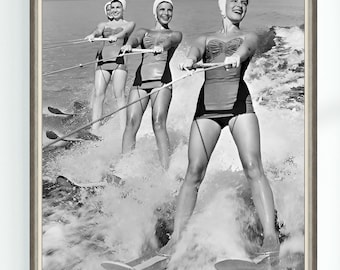 Four Girls Waterskiing Vintage Women Photo Sport Poster Black White Printable Instant Digital Download