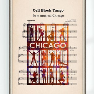 Puede incluir: Una impresión de partitura vintage de "Cell Block Tango" del musical Chicago. La partitura está impresa en un fondo de color crema con tinta negra. El título de la canción está impreso en letras negras en negrita en la parte superior de la partitura. La partitura está decorada con una silueta de una celda de prisión con siluetas de mujeres en varias poses dentro de la celda.
