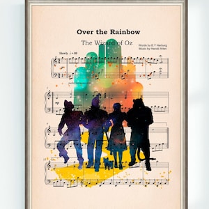 May include: A watercolor print of the characters from The Wizard of Oz, Dorothy, the Scarecrow, the Tin Man, and the Cowardly Lion, superimposed on sheet music for the song "Over the Rainbow".