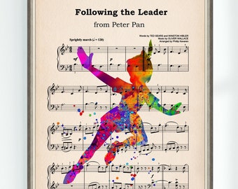 Cartel musical de Peter Pan siguiendo la hoja líder musical arte impresión vivero descarga digital instantánea