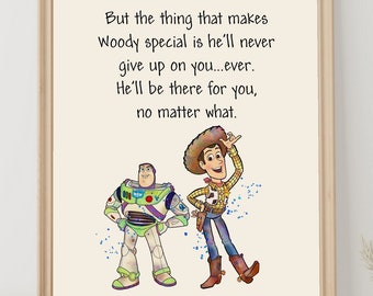 Toy Story Quote Poster But the thing that makes Woody special is he’ll never give up on you…ever..Wall Art Nursery Print Baby Room Decor 577