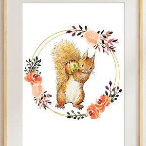 May include: A watercolor illustration of a squirrel holding a nut, surrounded by a gold wreath with pink and orange flowers. The background is white.