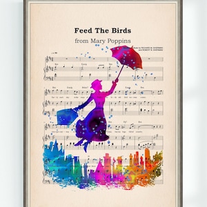 Póster musical de Mary Poppins, Feed The Birds, partitura, impresión artística para escuela secundaria, guardería, descarga digital instantánea