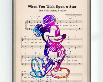Póster de acuarela de Mickey Mouse cuando deseas una partitura de estrella, impresión de arte musical de escuela secundaria, decoración de pared artística para el hogar 2533