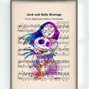 Puede incluir: Una ilustración de acuarela de Jack Skellington y Sally de la película Pesadilla antes de Navidad. La ilustración se superpone a una partitura musical con el título "Jack and Sally Montage" y el texto "From Nightmare Before Christmas".