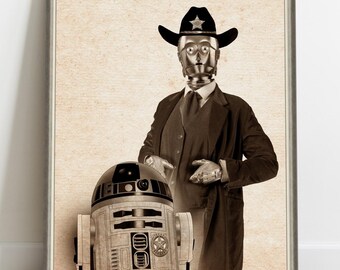 Póster de Star Wars R2D2 C3-PO Sheriff, regalo genial, decoración de pared imprimible para guardería, descarga instantánea