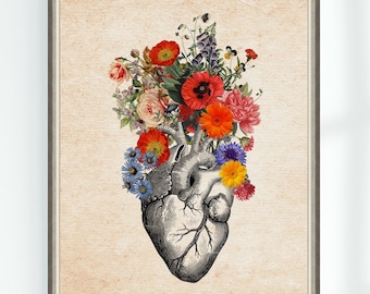 Human Heart and  Flower Anatomy Poster Heart Flower Print Medical Biology Cardiology Human Printable  Instant Digital Download