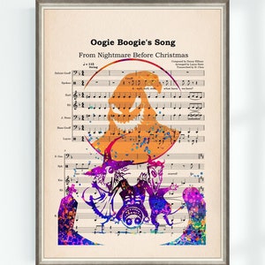May include: A watercolour painting of Oogie Boogie from the film "The Nightmare Before Christmas" on a sheet of music for "Oogie Boogie's Song". The music is from the film "The Nightmare Before Christmas".