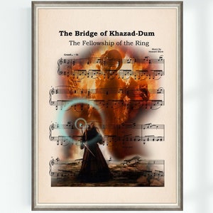 May include: A vintage sheet music print with a fiery image of a Balrog from the Lord of the Rings movie. The title of the music is "The Bridge of Khazad-Dum" and the subtitle is "The Fellowship of the Ring".