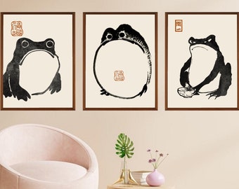 Set Of 3 Japanese Frog Poster Wabi Sabi Matsumoto Hoji Print Vintage Art Japanese Frog Funny Animal Wall Decor Instant Digital Download