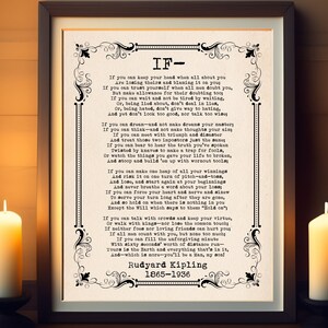 May include: A framed print of Rudyard Kipling's poem "If" with a vintage aesthetic. The poem is printed in black text on a cream background with a decorative border. The poem is titled "If" and includes the author's name and dates.