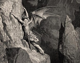 Fallen Angel Lucifer Paradise Lost Print Gustave Dore Engraving Classic Wall Art Poster Vintage Painting Printable Instant Digital Download