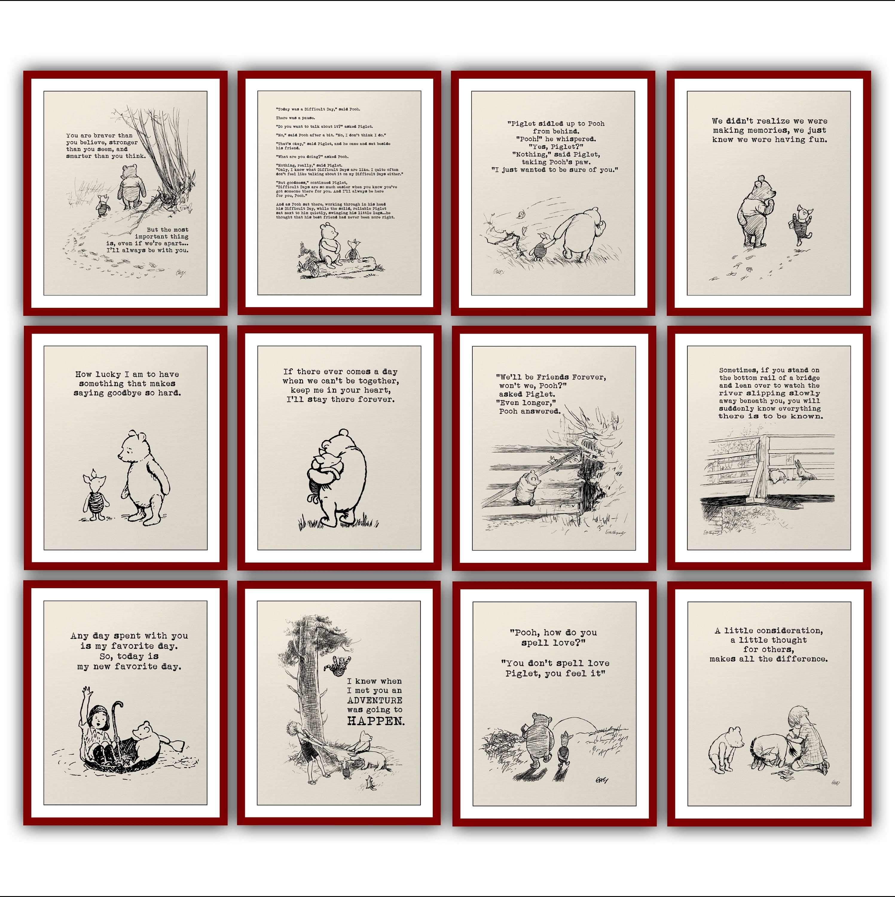 Set Of 12 Winnie the Pooh Quote Print Piglet Christopher Robin Classic Vintage Poster Nursery Decor