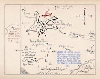 Stampa della mappa di Thor La montagna solitaria Smaug Thorin e compagnia Decorazione da parete vintage Download digitale istantaneo