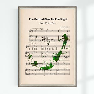 May include: A vintage sheet music print of "The Second Star To The Right" from Peter Pan. The music is printed in black and white with green silhouettes of Peter Pan and Tinkerbell flying.