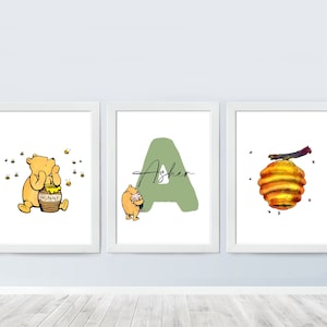 Nombre personalizado del bebé Winnie the Pooh Conjunto de 3 impresión personalizada vivero pared arte cartel vivero impresión habitación del bebé decoración descarga digital