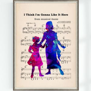May include: A watercolor illustration of two women, one tall and one short, standing side-by-side. They are both wearing dresses and holding hands. The illustration is set against a background of sheet music for the song "I Think I'm Gonna Like It Here" from the musical Annie. The lyrics and music are by Martin Charnin and Charles Strouse.