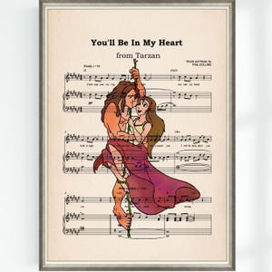 Tarzan and Jane Poster You&#39;ll Be In My Heart Music Sheet Musical Art Wall Decor Print Nursery Instant Digital Download