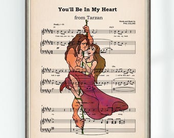 Tarzan and Jane Poster You'll Be In My Heart Music Sheet Musical Art Wall Decor Print Nursery Instant Digital Download