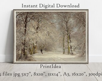 Vintage Winter Forest Walk Printable Landscape Painting Poster Winter Wall Art Instant Digital Download