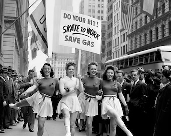 Women Skate To Work Save Gas Photo Vintage Sport Poster Black White Printable Instant Digital Download
