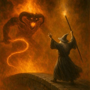 May include: An illustration depicts a wizard facing a fiery demon on a stone bridge. The wizard, in a gray robe and hat, holds a staff with a glowing tip. The demon, with horns and a fiery form, looms in the background, creating a dramatic fantasy scene.