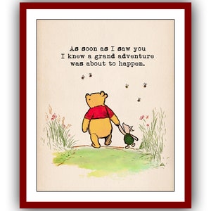 Assim que te vi, soube que uma grande aventura estava prestes a acontecer... Cartaz com citação do Ursinho Pooh para impressão em berçário Download digital instantâneo