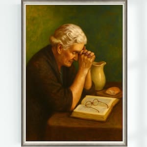 Op de afbeelding: Een ingelijst schilderij toont een oudere persoon met wit haar, handen gevouwen in gebed. Een open boek met een bril, een kan en brood liggen op een tafel. De achtergrond is donkergroen, met een warm kleurenpalet.