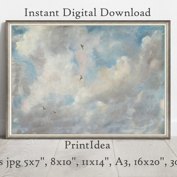 Cloud Birds in the Sky Neutral Printable Wall Art Vintage Painting Landscape Classic Artist Vintage Wall Art Instant Digital Download