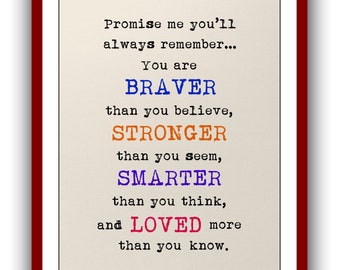 Promise me you’ll always remember...You are braver than you believe,stronger..smarter..loved..you know..Winnie the Pooh Quote Poster 829