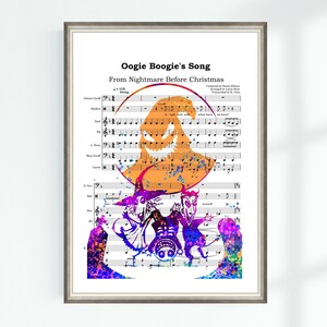 May include: A watercolour painting of Oogie Boogie from the film "The Nightmare Before Christmas" with sheet music for "Oogie Boogie's Song" in the background. The music is printed in black and white on a white background. The watercolour painting is in shades of purple, pink, blue, and green.