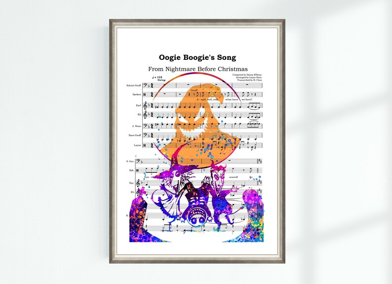 May include: A watercolour painting of Oogie Boogie from the film "The Nightmare Before Christmas" with sheet music for "Oogie Boogie's Song" in the background. The music is printed in black and white on a white background. The watercolour painting is in shades of purple, pink, blue, and green.