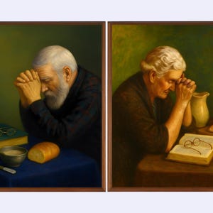 Op de afbeelding: Twee ingelijste olieverfschilderijen tonen ouderen in gebed. Eén toont een man met een witte baard, een brood en een boek. De andere toont een vrouw met een kan en een boek. Beide hebben een bril.