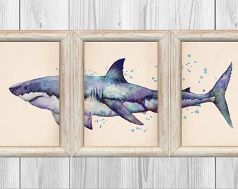 Gran tiburón blanco conjunto de 3 carteles de arte tiburón vida marina historia natural cartel científico vivero náutico impresión descarga digital instantánea