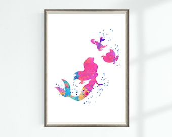 Little Mermaid Ariel Poster Princess Print Watercolor Kids Wall Art Printable Nursery Instant Digital Download
