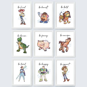 Toy Story Set med 9 Var glad, var modig... Woody, Buzz, Rex, Bo Peep, poster, barnrum, utskrivbar, babyrumsdekor, direktnedladdning
