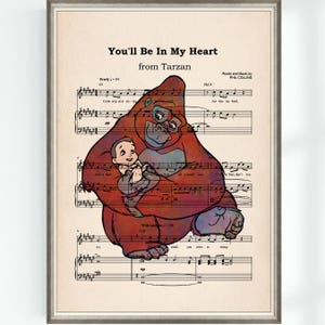 Baby Tarzan and Kala Poster You&#39;ll Be In My Heart Music Sheet Musical Art Wall Decor Print Nursery Instant Digital Download