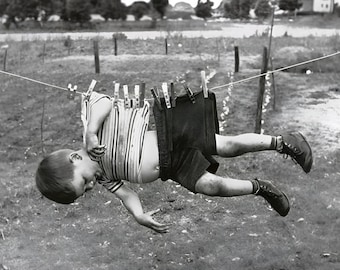 Dirty Kid on Clothesline Print Funny Laundry Room Art Vintage Photo 16x20 Black White Wall Art Printable Instant Digital Download