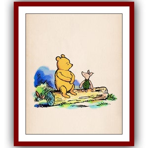 Winnie the Pooh and Piglet Sitting on a Log Winnie the Pooh Poster Color Vintage Classic Poster Nursery Printable Instant Digital Download