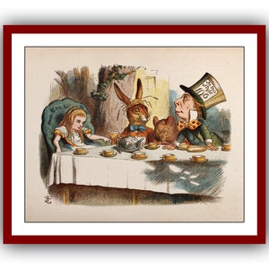 Alice in Wonderland Alice with the Mad Hatter and March Hare at the tea party table Poster Nursery Instant Digital Download