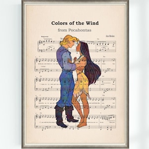 Pocahontas Musik Poster Farben der Windmusik Notenblatt Musikalische Kunst Wand Dekor Druck Kinderzimmer Sofortiger digitaler Download