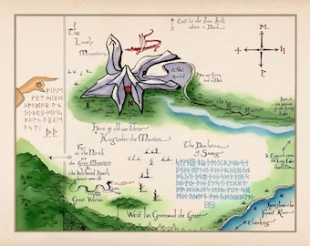 Poster a colori della mappa di Thror La montagna solitaria Smaug Thorin e compagnia Acquerello Arte Decorazione murale Vintage Download digitale istantaneo