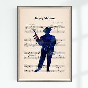 May include: A vintage sheet music print with a blue silhouette of a man holding a gun, with the title "Bugsy Malone" and the text "Music by Paul Williams".