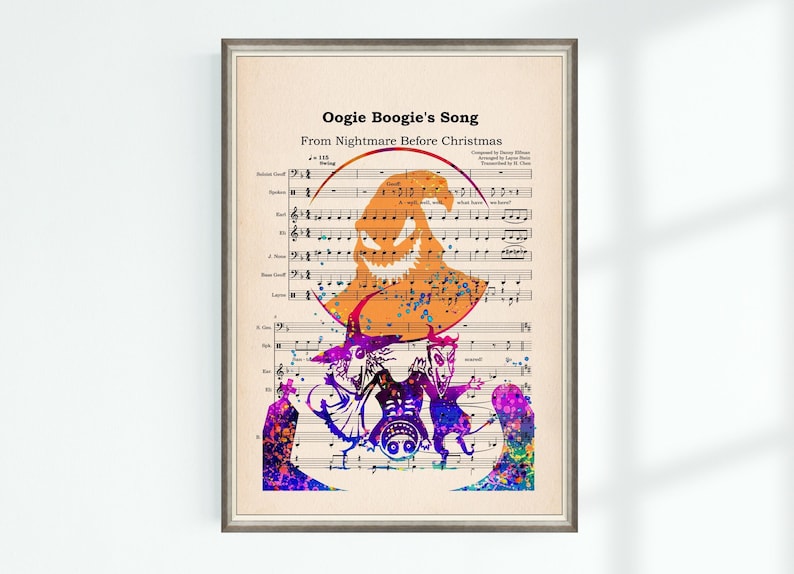 May include: A watercolour painting of Oogie Boogie from the film "The Nightmare Before Christmas" on a sheet of music for "Oogie Boogie's Song". The music is from the film "The Nightmare Before Christmas".
